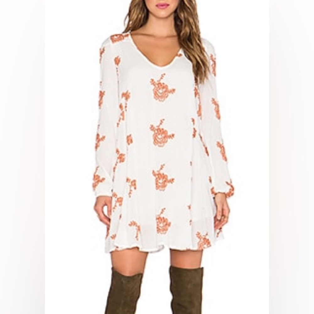 Free People White Floral Midi Dress with Rust Orange Print
